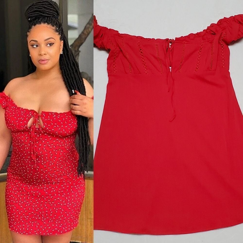 HAUTE Curve Cherry Red Off-Shoulder Smocked Frill Tie Plus Size Mini Dress 1X